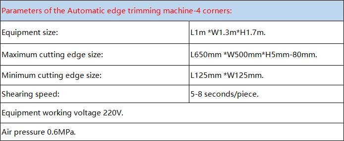 Parameters of the Automatic edge trimming machine-4 corners